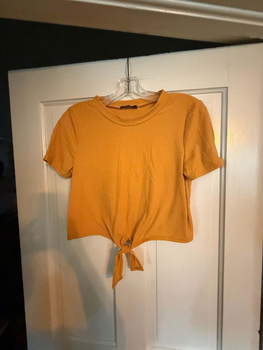 Papaya Ribbed Mustard Yellow Short Sleeve Tie-Front Crop Top